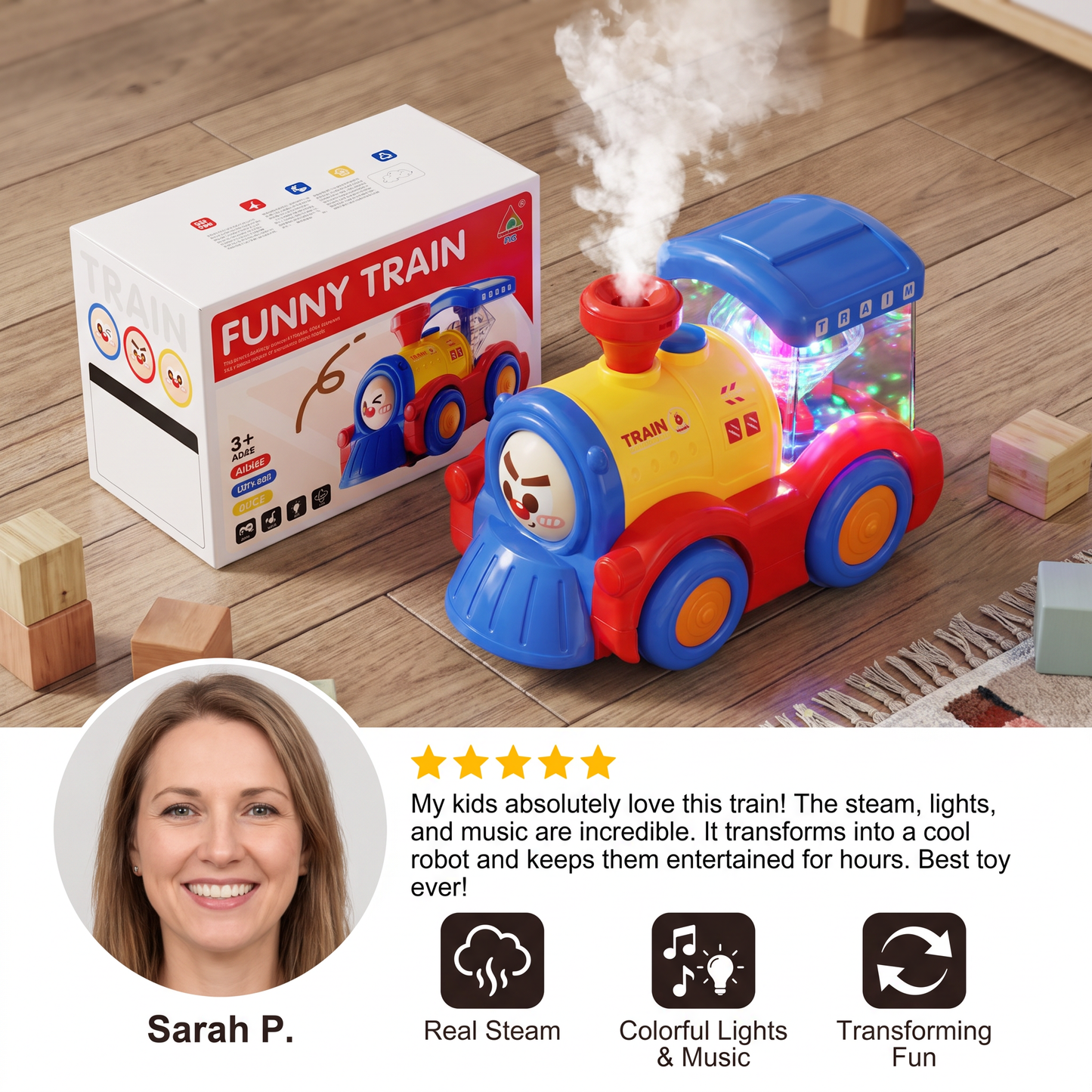 Transforming Train Toy with Steam, Lights & Music