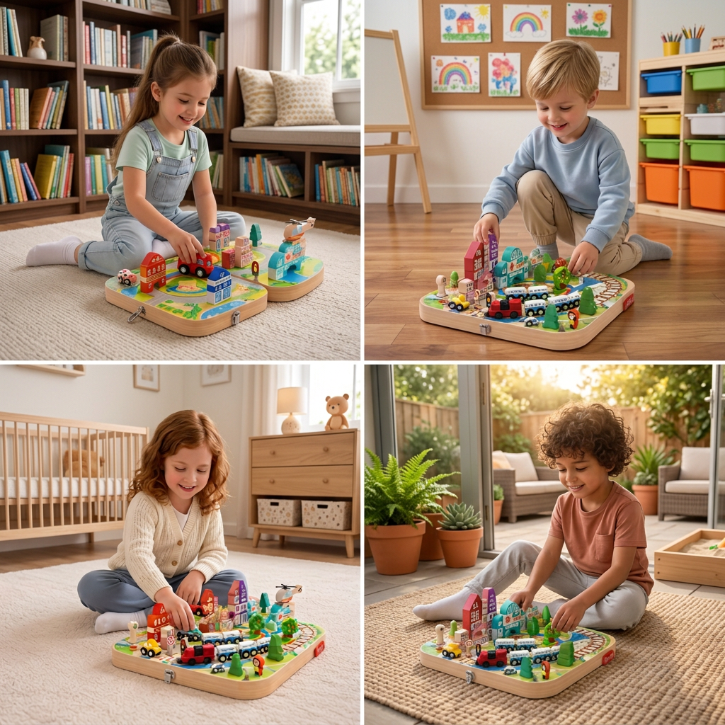 Wooden City Building Blocks & Train Track Travel Set