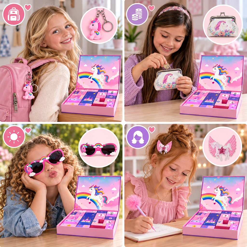 24-Day Unicorn Advent Calendar with Hair Accessories, Stickers & Surprise Gifts